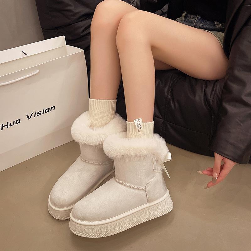 2025 Winter Thick-Soled Fleece-Lined Slip-On Snow Boots with Bow Detail - Warm Plus Size