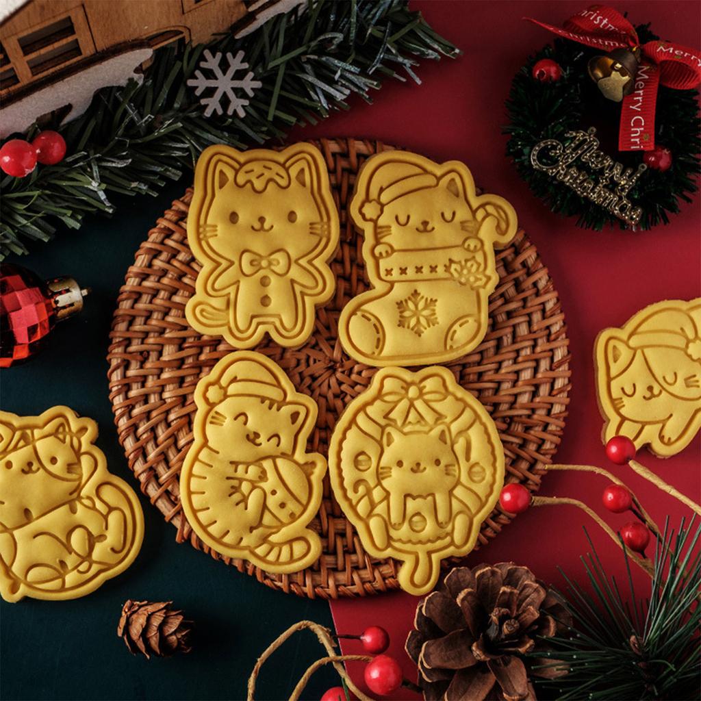 Christmas Cat Cookie Cutters Set Cartoon Pressable Biscuits Mold Plastic Cookie Stamps DIY Baking Tool Easy to Clean