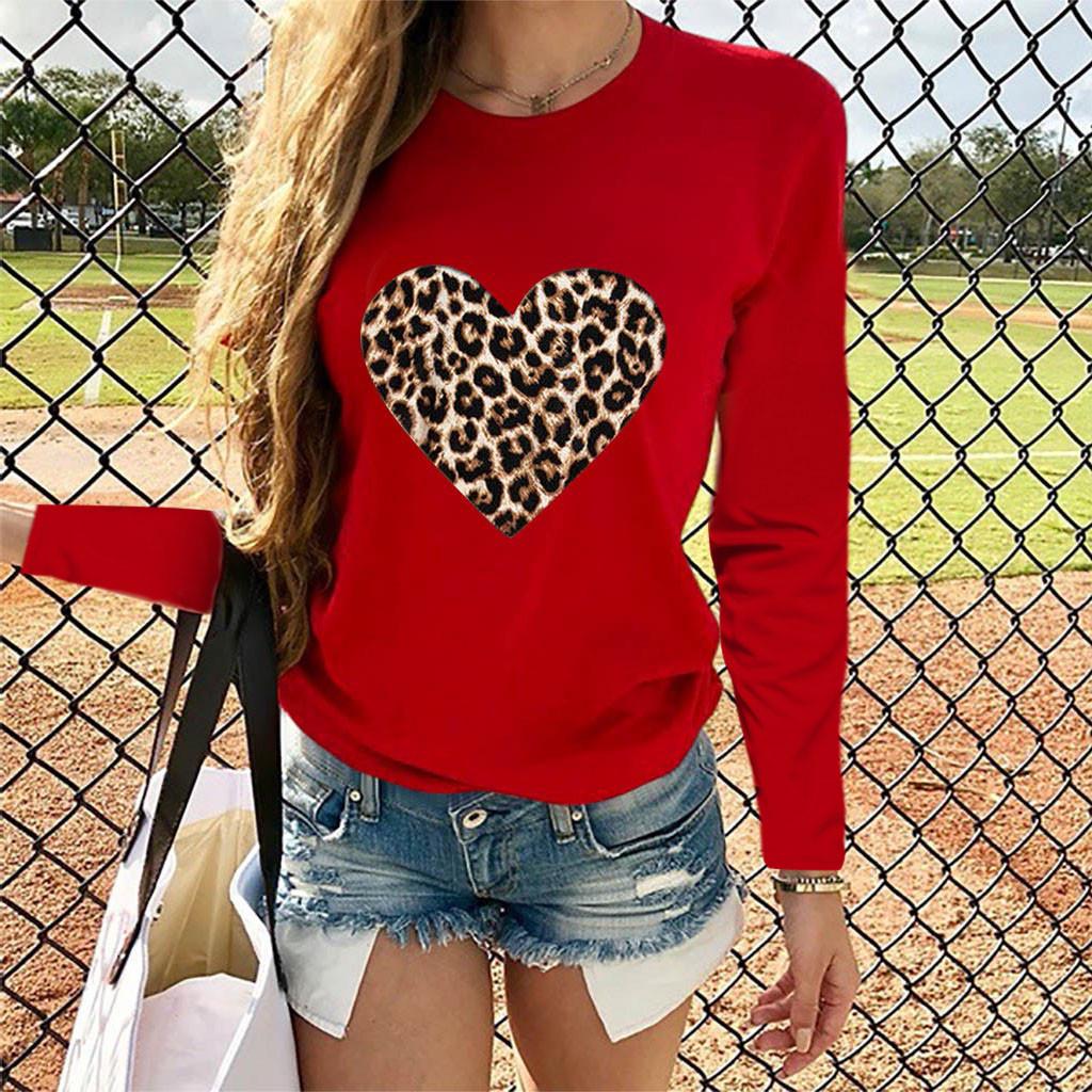Women Casual Long Sleeve  Leopard Print Heart-shaped Top