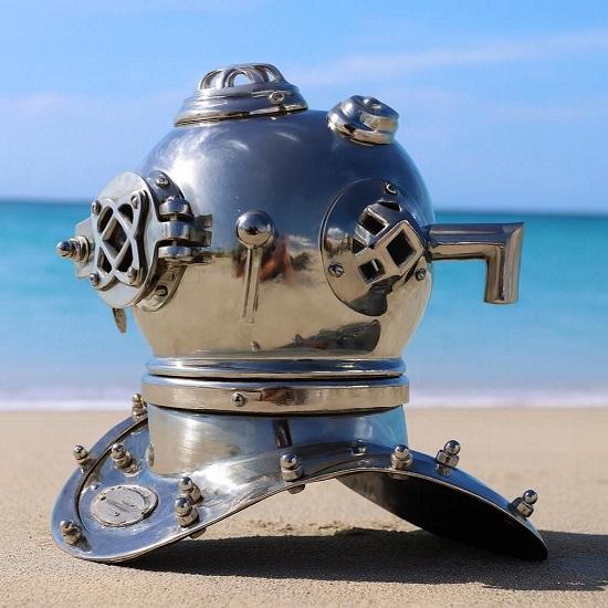 Casque de Plongeur Finition Nickel Argenté Décor Maritime en Laiton Nautique Casque de Plongeur Steampunk de Collection Accent pour Maison Bureau Salon