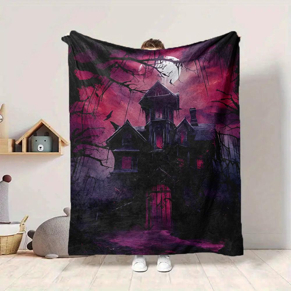 1pc Haunted House Moonlit Blanket, Lightweight Flannel Throw Blanket for Sofa, Bed, Travel, Camping, Living Room, Office, Couch052