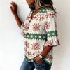 Women's Casual Christmas Print Button Front Top with Lace Sleeves