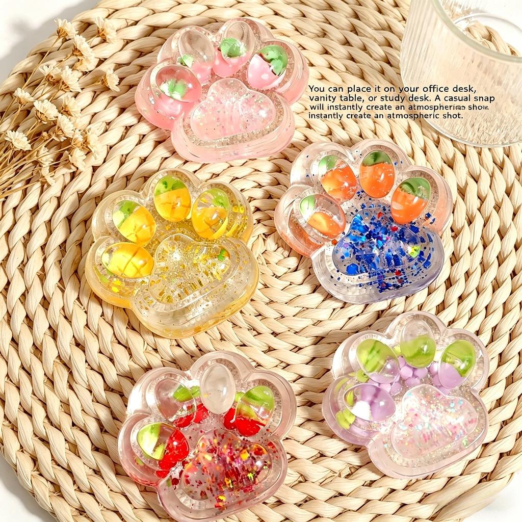 Handmade Resin Cat Paw Shaker Set, Fruit Filled Glitter Phone Stand, Kawaii Cat Lover Gift, Desk Decor Keychain