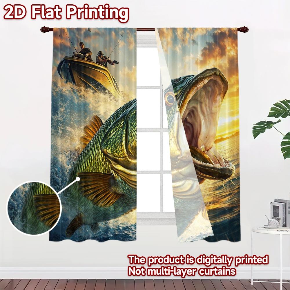 2D FLAT PRINTING 2pcs Curtains (Without Rod) Giant Fish Jumping Light Filtering Popular Curtains Yarn Curtains Room Decor