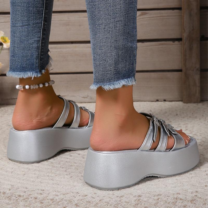Fashion 2025 Summer Outdoor Open Toe Women’s Platform Slippers Crystal Buckle Flat with Slippers for Daily Comfortable Casual Sandals