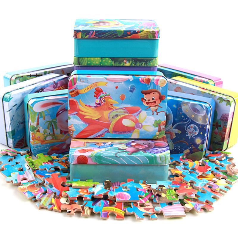 60 Stück/Karton Niedliches Cartoon-Puzzle mit Blechdose für Kinder Stichsäge Holz-Tier-Puzzle Frühe Lernspielzeuge für Kinder Geschenk