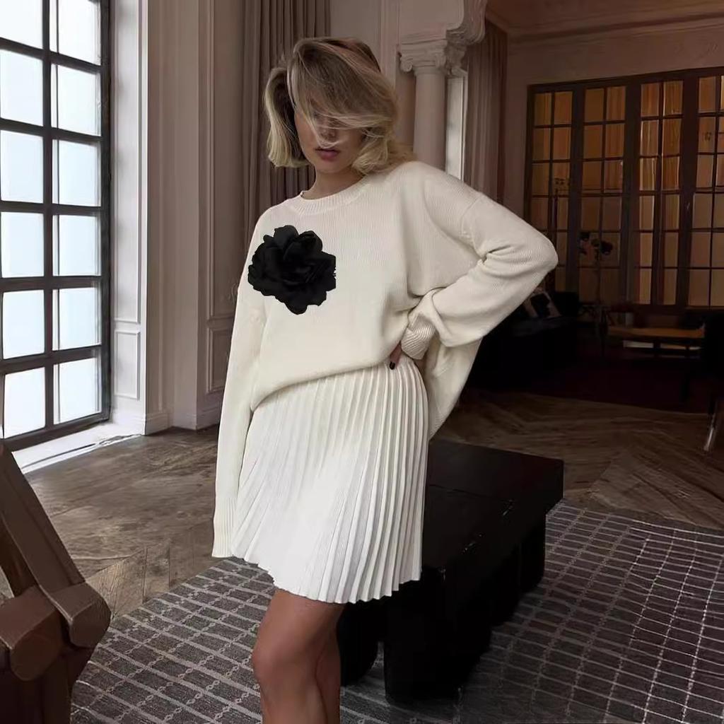 Damenpullover für den Herbst, langärmelig, Blumendruck, übergroße Pullover, trendiger, lässiger Rundhalsausschnitt, Strickoberteil, Pullover für Damen, lässiger Pullover