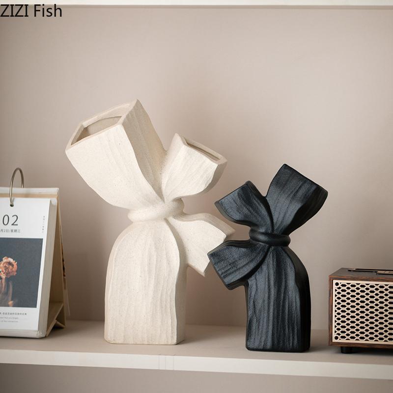 Bowknot Matte Ceramic Vase Table Decoration Creative Artificial Flower Decorative Flowers Arrangement Room Aesthetic Decor
