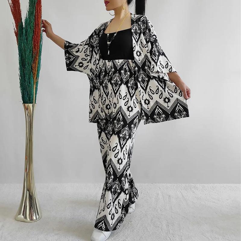 Tem Women's 2024 Summer New Loose Large Size Printed Medium Sleeve Shirt Wide Leg Pants Casual Suit Women