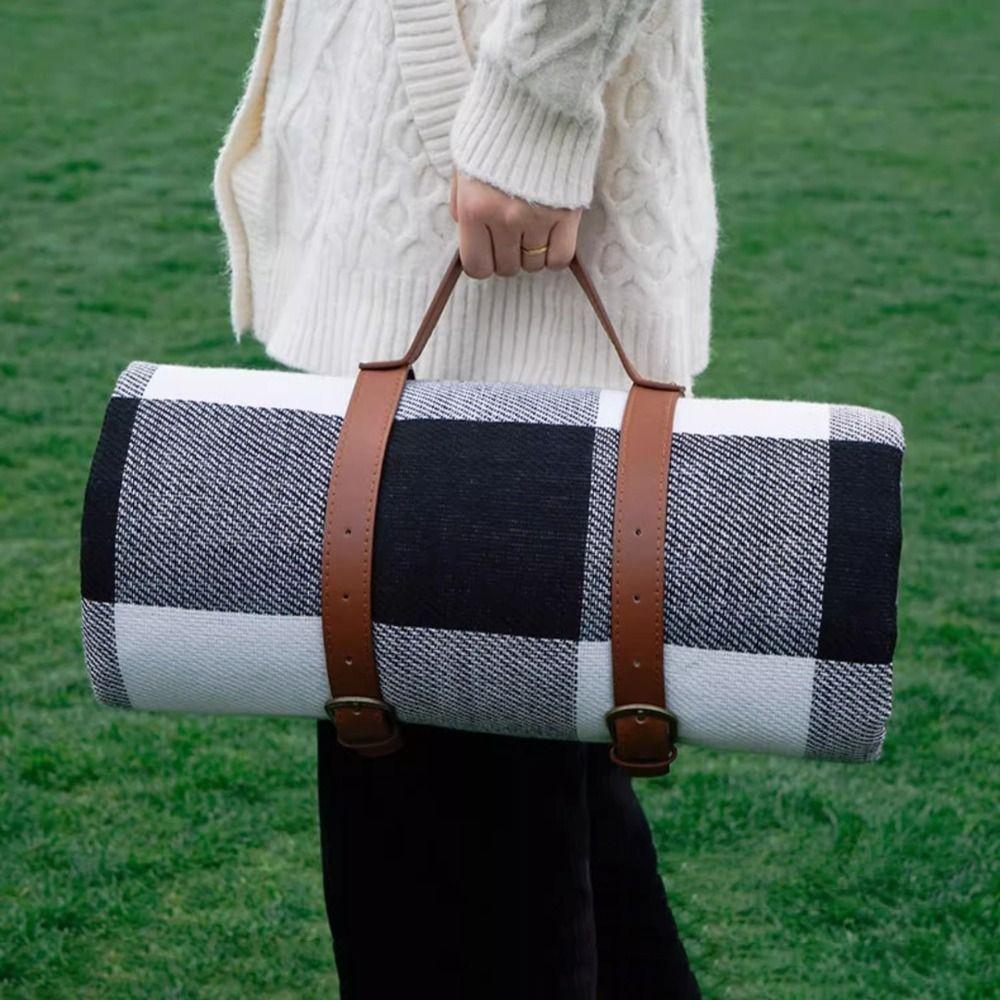 Foldable Travel Picnic Mat Thick Leather Strap Picnic Blanket Portable Moisture Proof Mat