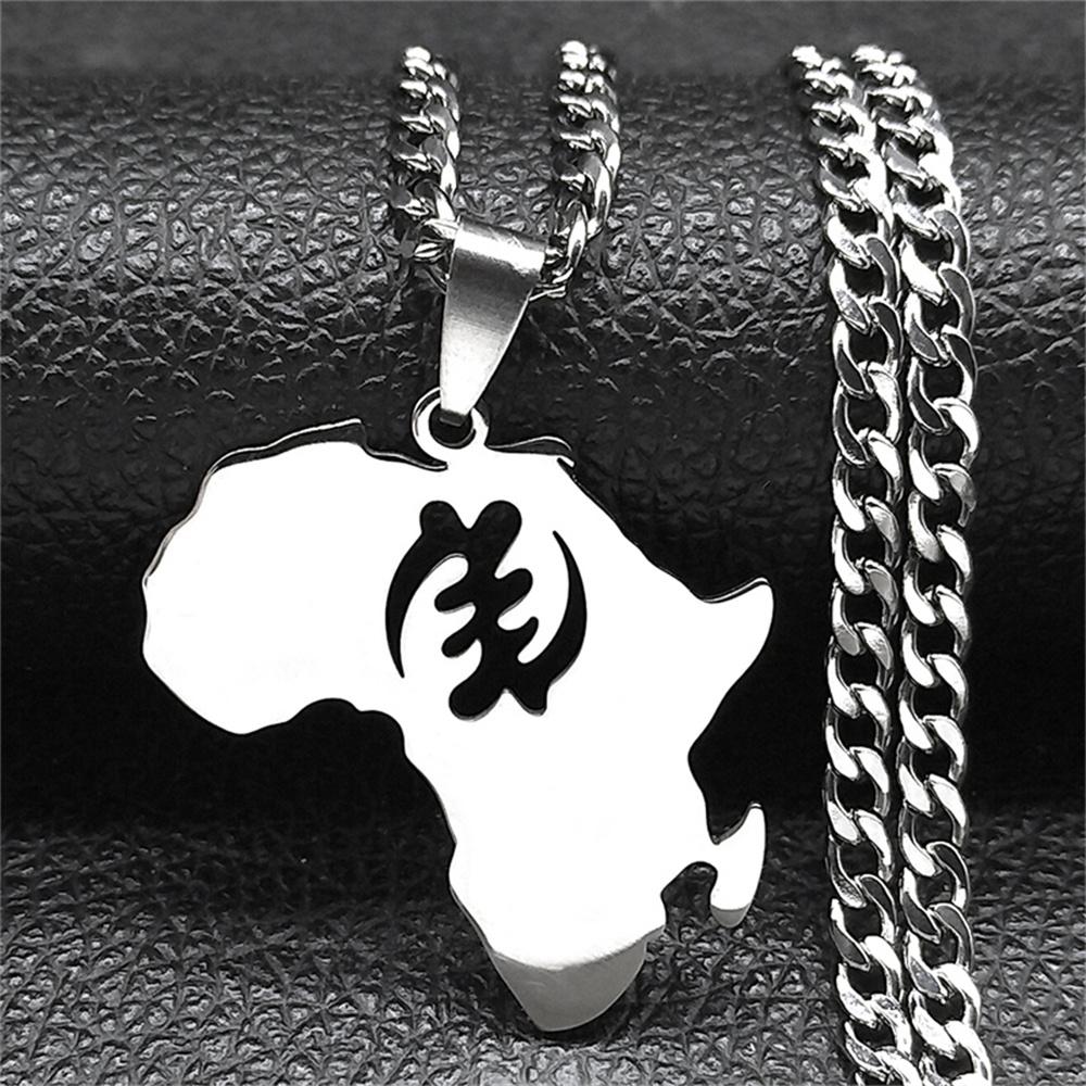 African Symbol Adinkra Gye Nyame Map Necklaces for Women Men Stainless Steel Supremacy of God Chain Necklace Jewelry 8094-QKC