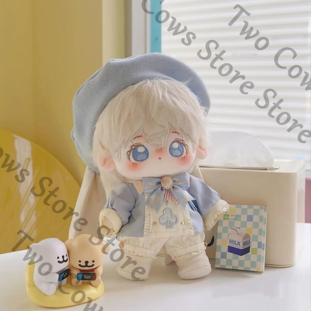 20cm Doll Outfit Set Pastel Blue White Vintage-Inspired Ensemble Beret Ruffled Top Pleated Shorts Booties Decorative Accessories