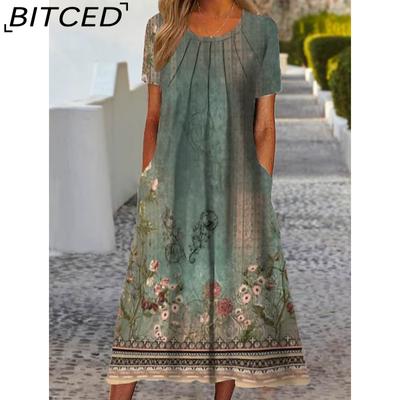 Moda feminina verão primavera floral estampado manga curta o pescoço vestidos casuais