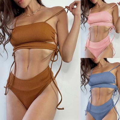 Costum de baie sexy pentru femei, culoare solidă, cu panglică, cravată laterală, set de bikini cu talie înaltă, îmbrăcăminte de plajă, costume de baie
