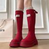 Rote Stiefel Damen Herbst und Winter Neu Dünn Dicksohlig Lange Stiefel Kleine Reise Ritterstiefel