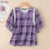 Women Casual Round Neck Half Sleeve Loose Grid Print Blouse