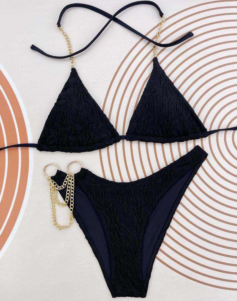 Women's Swimwear Solid Color Halter Neck Strap Triangle Bag Sexy Chain Bikini Set Beachwear Bathing Suits