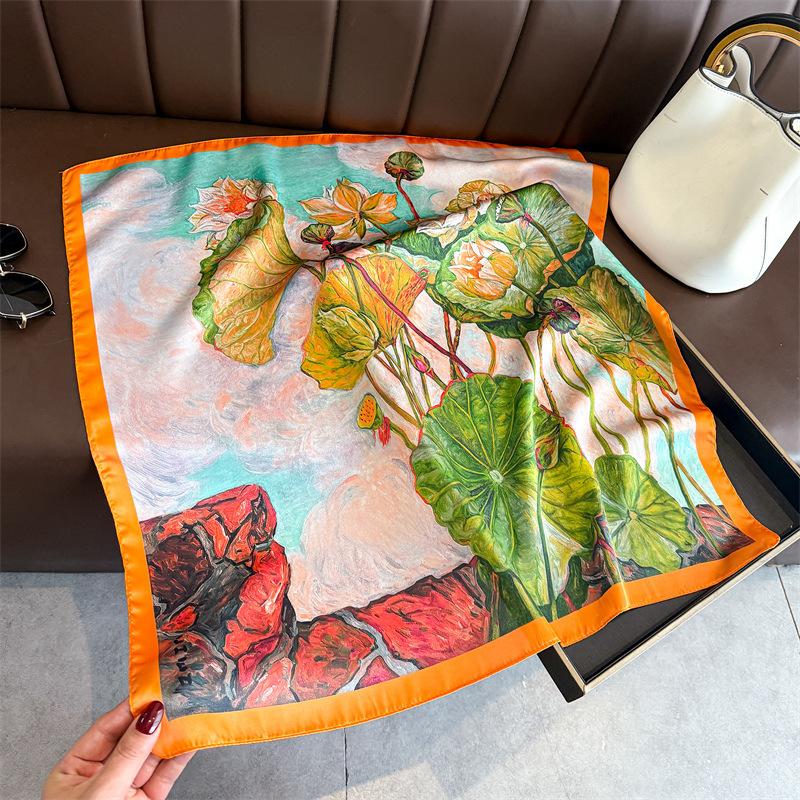Korean version of the new imitation silk printing silk scarf square scarf high-end shawl sunscreen neck professional scarf headscarf scarf