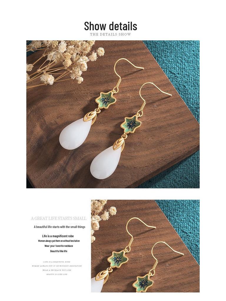 Chinese Retro Cloisonné Tassel Earrings with Hetian Jade