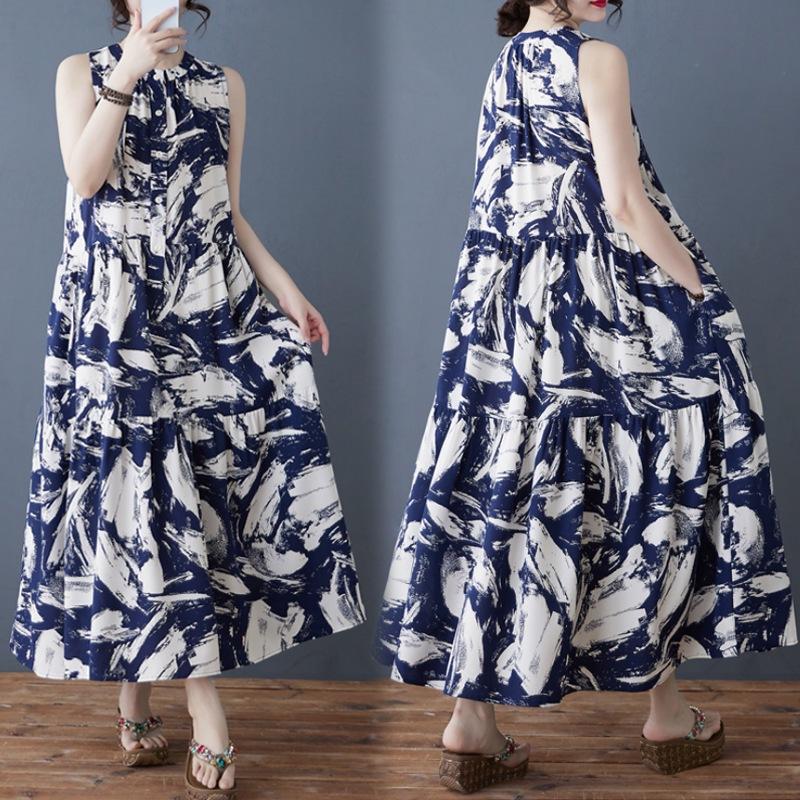 2025 Summer New Temperament Retro Printed Chiffon Loose Stand-up Collar Sleeveless Medium and Long Dress