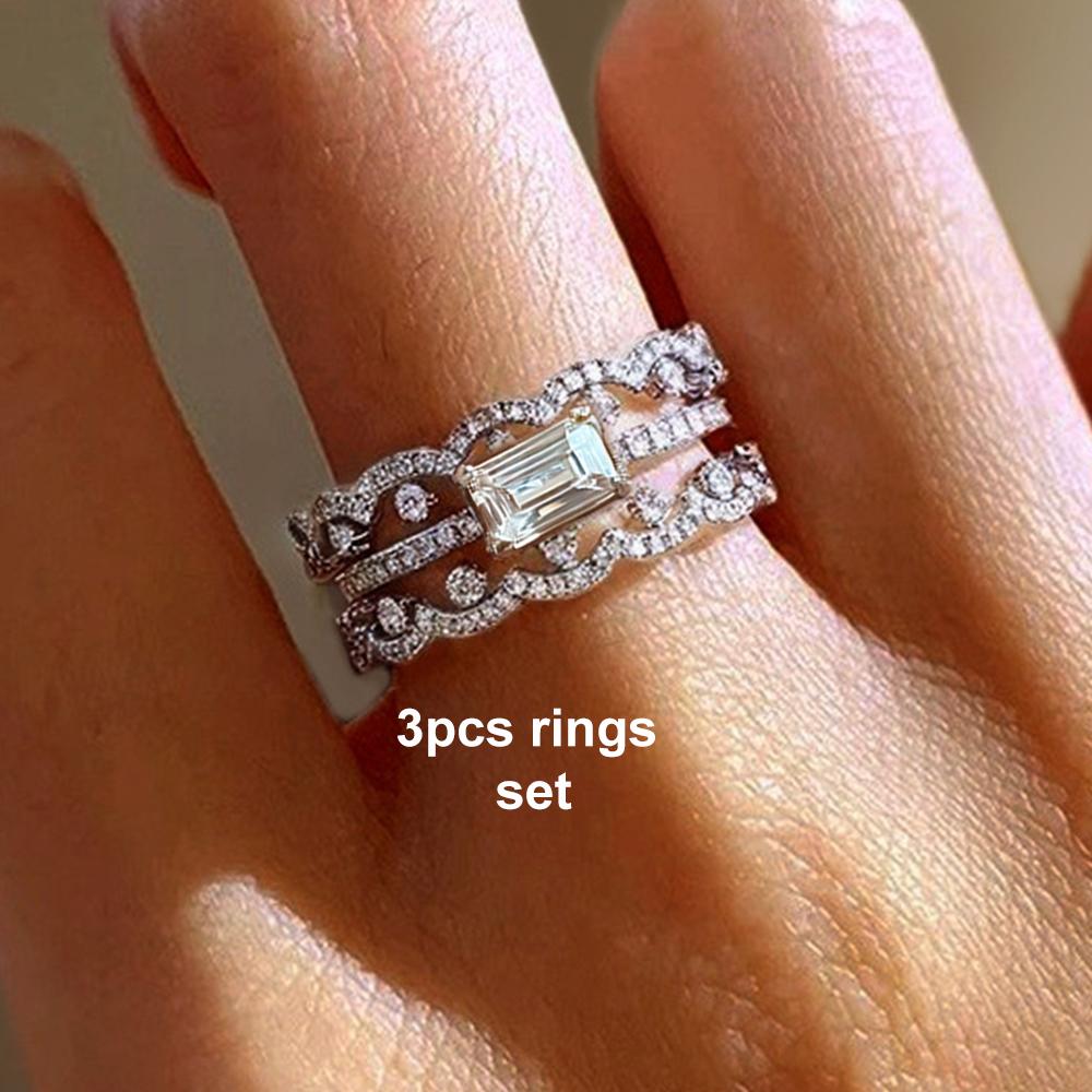 4x6mm Emerald Cut Moissanite Ring Set for Women CopperSparkling Stackable Row Ring Party Wedding Bands Jewelry