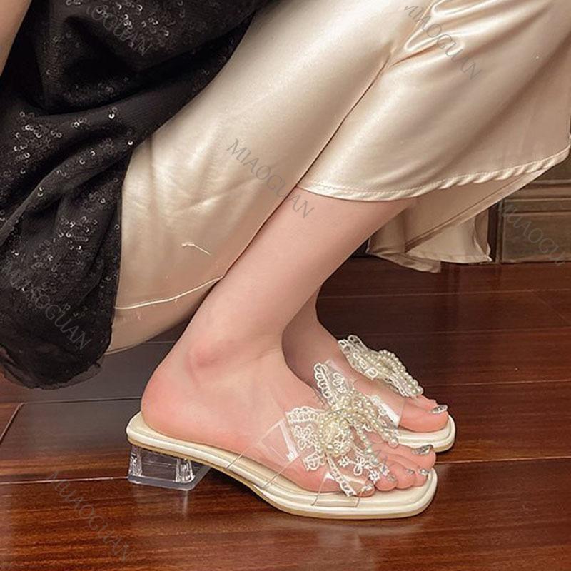 Fashion Transparent Rhinestone Slippers Summer Outside Wear Fashion Shoes for Women Crystal Middle-heeled Bowknot Ladies Slides Shoes