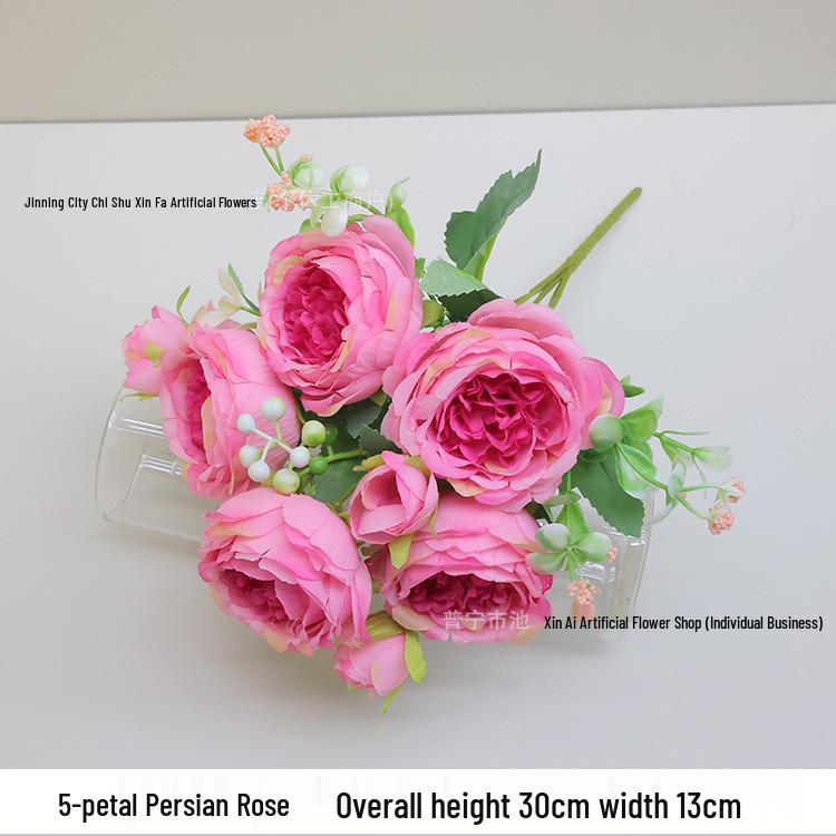 5-Head Peony & Persian Rose Artificial Flowers - Small Bunch for Home or Wedding Decor
