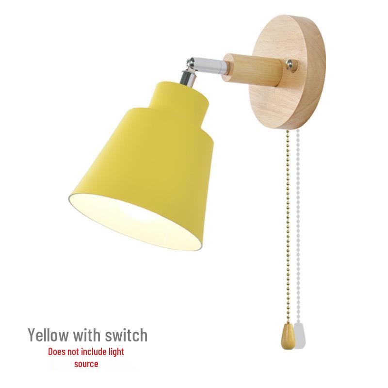 Modern Minimalist Nordic Macaron Bedside Wall Lamp with Wooden Pull Switch for Living Room or Restaurant Decor