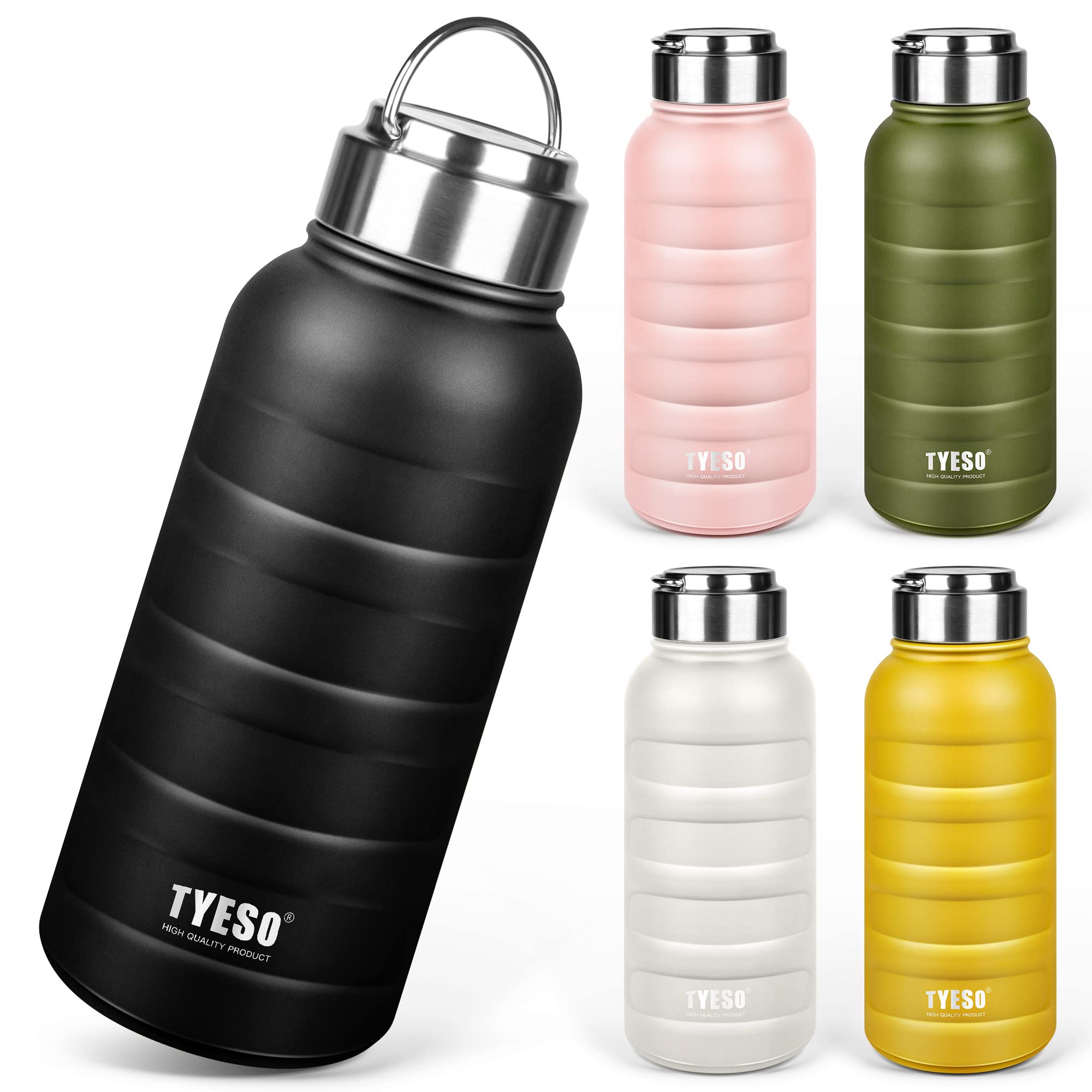 

TYESO Vacuum Insulated Sports Water Bottle, Stainless Steel, Double-Walled, Wide Mouth, with Handle, 0.75/1 Liter (750ml, Black)