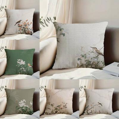 S-Simple Bird Flowers Pillow Case Anti-dustmite Pillowcase Invisible Zipper Silky Short Plush Sofa Cushion Cover