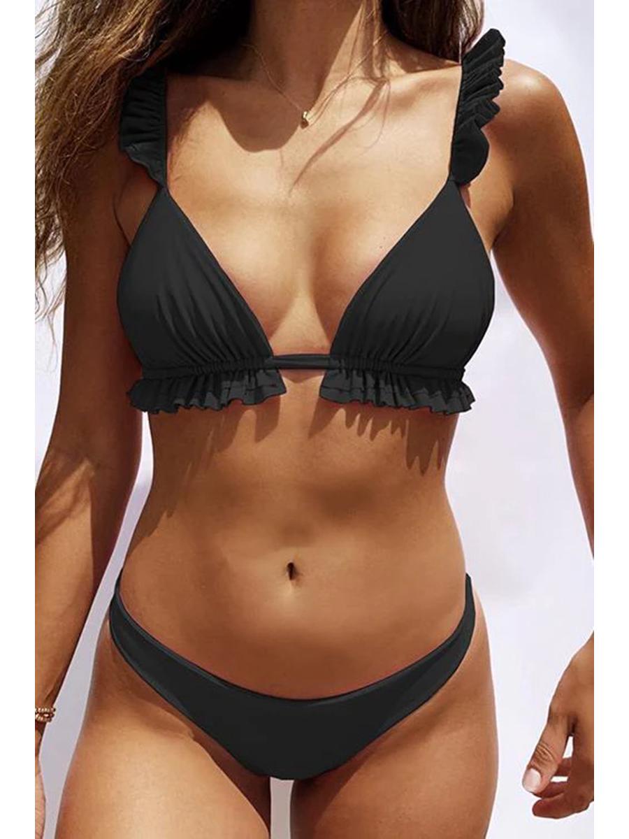 

Однотонный купальник бикини с оборками - Европейский и американский стиль S003 Large чёрный