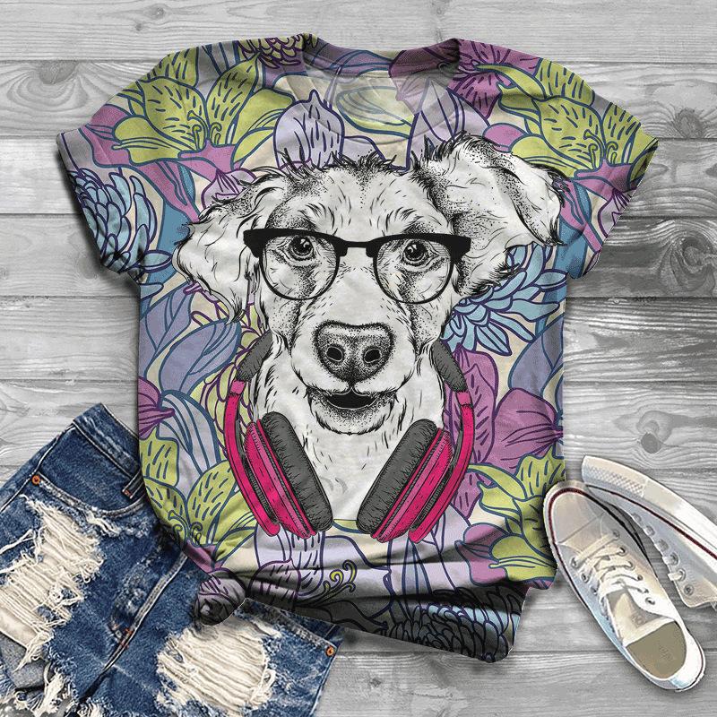 Summer New Printed Short Sleeve Top for Women, Round Neck 3D Dog Printed Women's T-shirt