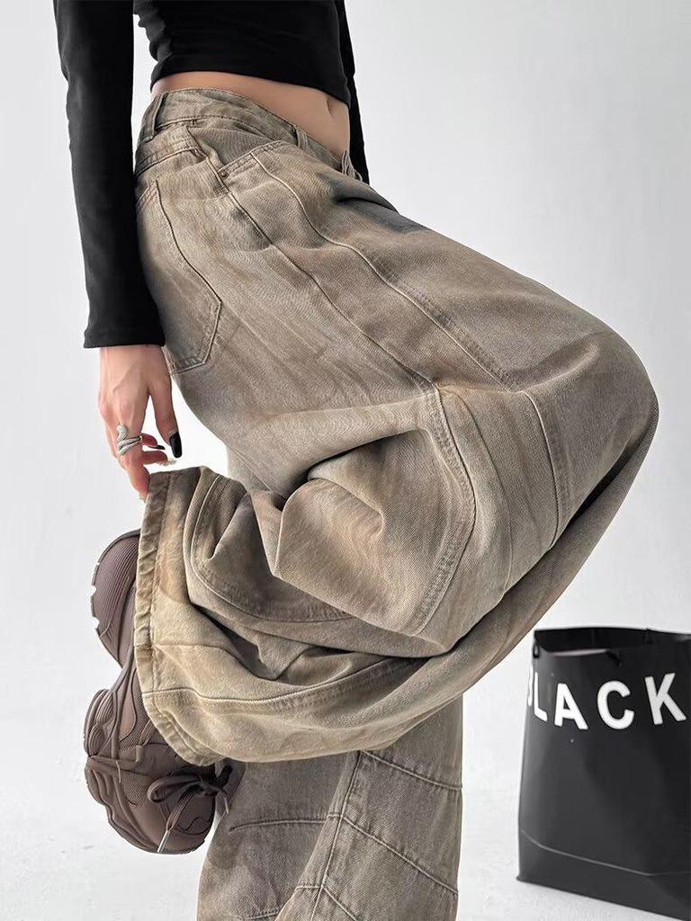 Women's Autumn Post-Apocalyptic Style Wide Leg Jeans - Dirty Dyed Print, Loose Curved Leg, Floor-Length Jazz Pants