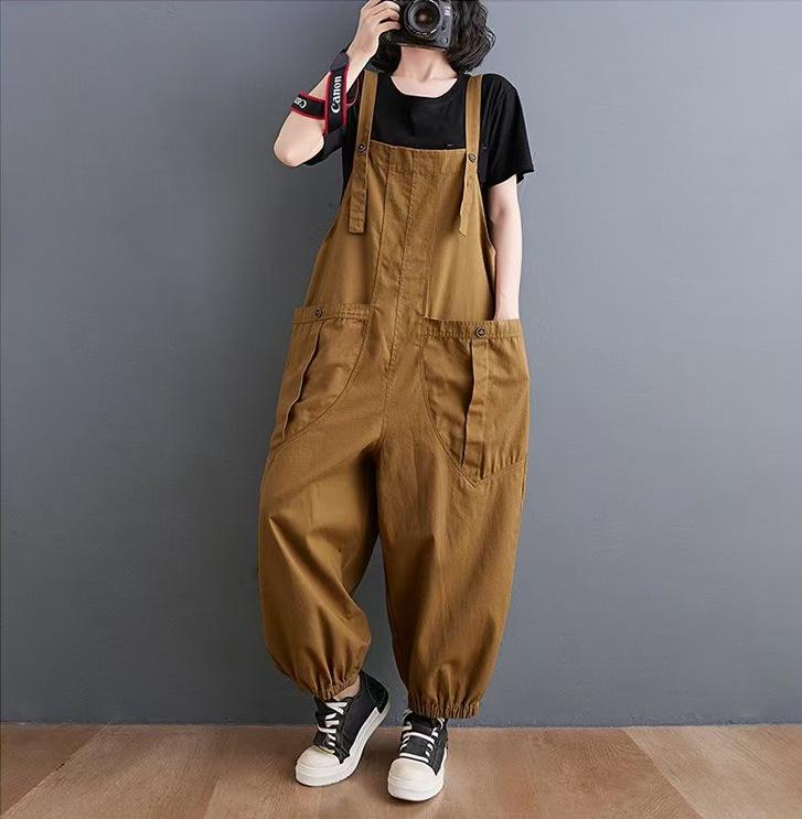 Loose Literary and Artistic All-match Casual Overalls Fat Sister Plus Size Women s Summer Solid Color Big Pocket Tooling Harem Pants M жёлтый