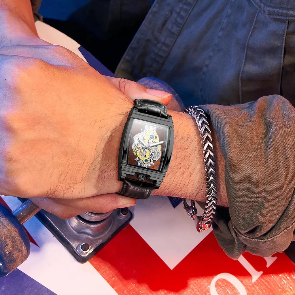 Men's Fashion Tourbillon Genuine Leather Motorcycle Watch - Waterproof & Luminous