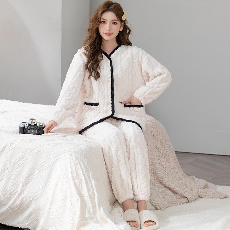 Høst og vinter Coral Velvet Pyjamas Set 3D Jacquard Flanell Langermet Cardigan Home Wear