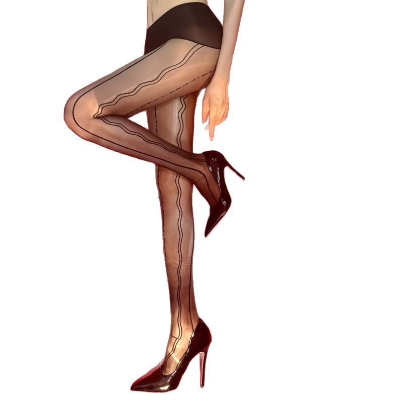 Open Vertical Stripes Seamless Crotch Black Stockings Lace Jacquard Aurora Pantyhose Thin Sexy Silky Shiny