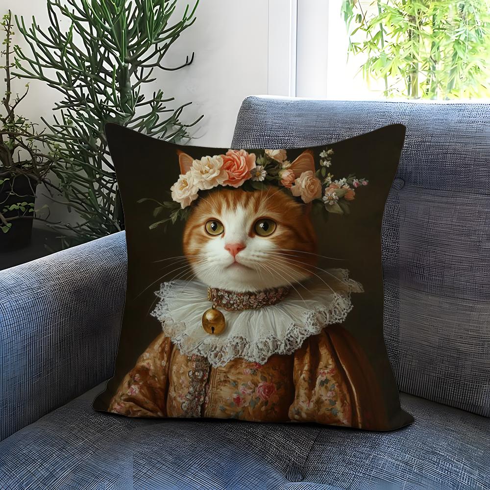 Renaissance Royal Cat Funny Cushion Cover Comfortable Reversible Pillow Cover Ideal for Car Sofa Bedroom & Beyond