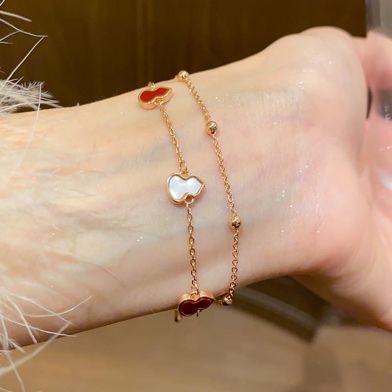 Mother-of-Pearl Double-Layer Gourd Pendant Bracelet - Chic Chinese Style Luxurious Hand Jewelry