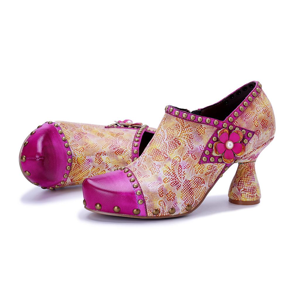 Johnature Pantofi cu toc înalt cu nituri, cu imprimeu retro, cu aplicații din piele naturală, pentru femei