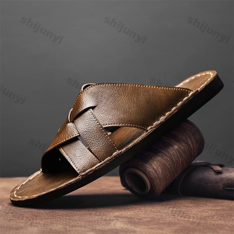 Fashion Summer Men's Plus Size Shoes 2025 Outdoor Breathable Open Toe One Word Slippers Comfortable Lightweight Flat Casual Slippers