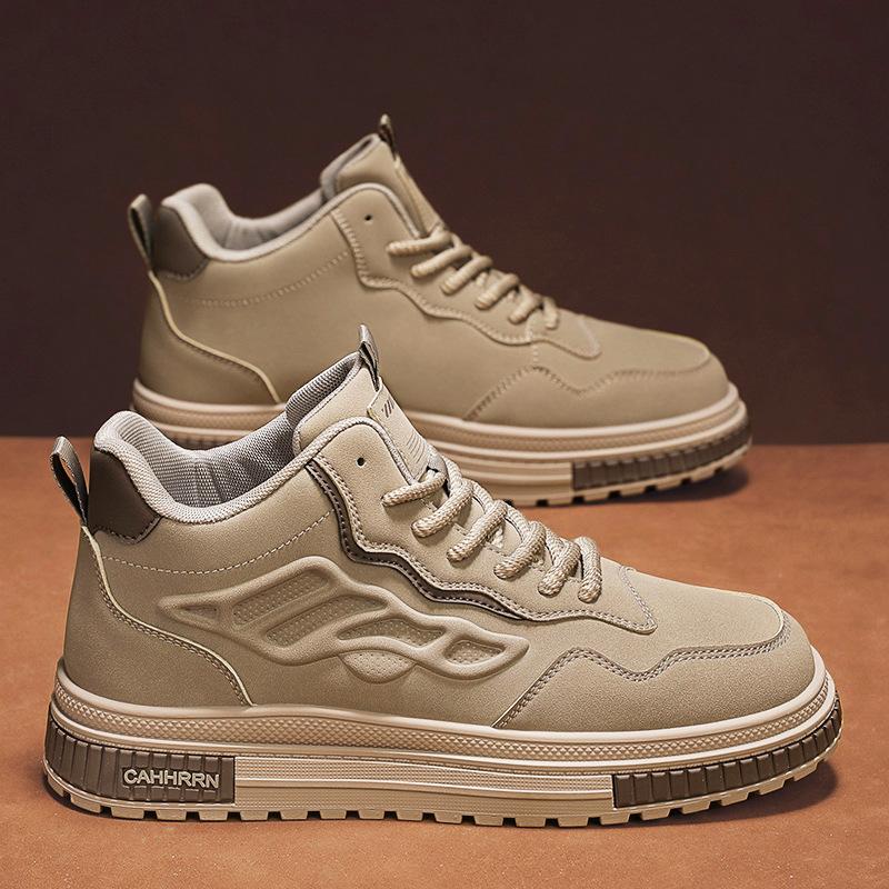 Autumn And Winter Men'S Leather Splicing Sports Board Shoes Retro Thick-Soled Heightening Lace-Up Casual Mid-Top Trendy Shoes Men'S Shoes