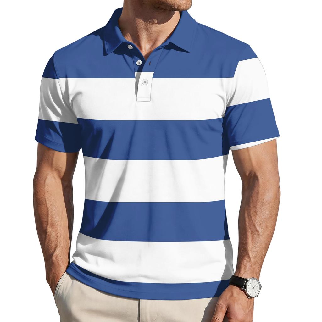 Men’s Loose Fit Striped Print Polo Shirt Short Sleeve Casual Turn Down Collar Lightweight Top for Everyday Wear
