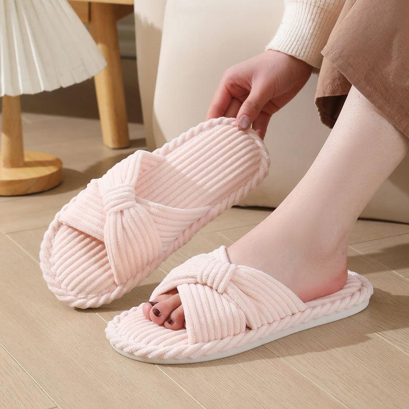 Fashion Indoor Soft Solid Cotton Slipper Woman Winter 2025 Casual Open Toe Flat Slippers Women Cross Strap Corduroy Cotton Slides Mujer