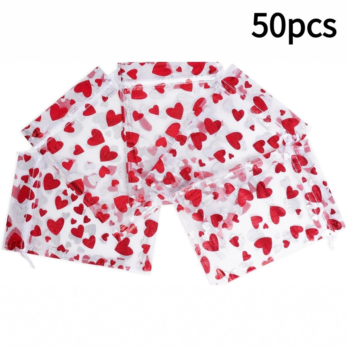 

50pcs Valentine S Day Organza Candy Bags,Red Heart-Shaped Mesh Jewelry Pouches with Drawstring Closure,Perfect for Wedding as shown