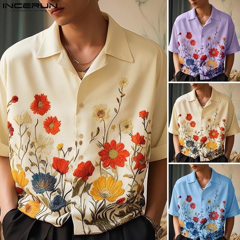 

INCERUN летние мужские рубашки с коротким рукавом с цветочным принтом, праздничные пляжные гавайские футболки S
