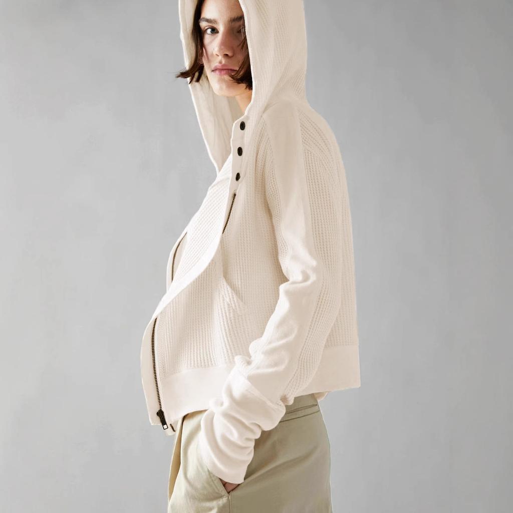 Women's Beige Knit Hooded Zip-Up Jacket with Pockets, Casual Loose Fit Pullover Coat