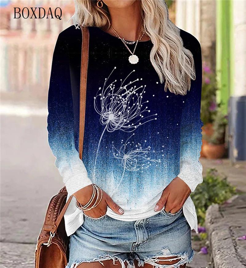 Dandelion Pattern Women's T-shirt Spring and Autumn Long Sleeve Gradient Round Neck Top