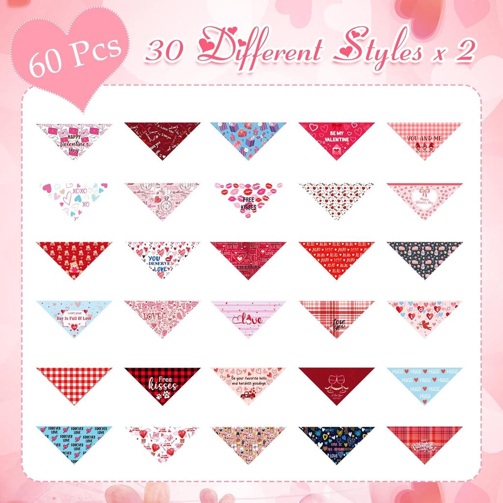 60 Pcs Valentine's Day Dog Bandanas Bulk Heart Pet Bandanas Adjustable Dog Bibs Triangle Scarf Holiday Costume for Small Medium Pet (Heart Pattern)