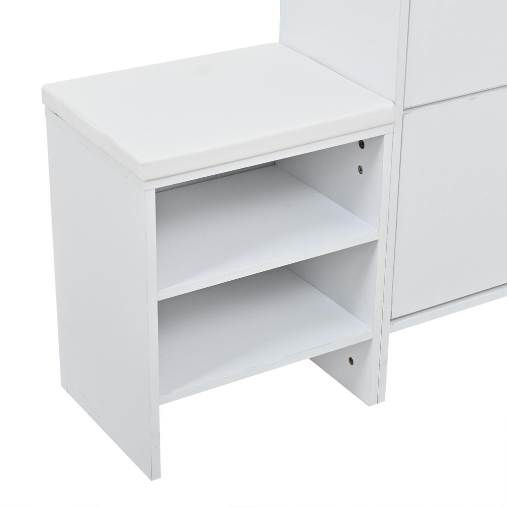 Coat Rack for the Entryway, Includes Shoe Cabinet, Mirror and Coat Hooks, Multifunctional with Shoe-changing Bench, White, 140x30x200cm